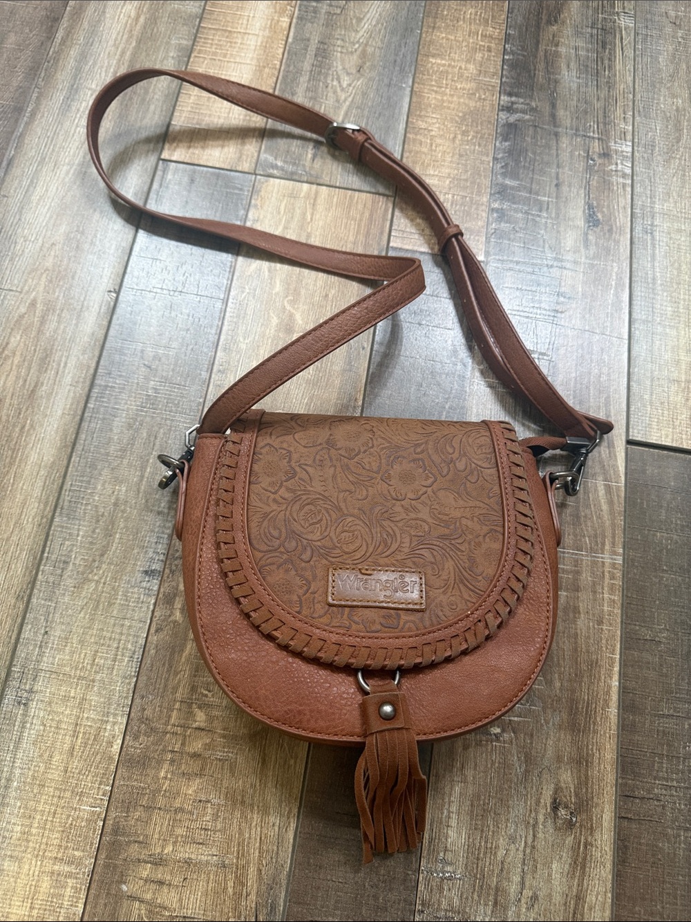 Wrangler Floral Tooled Brown Leather Crossbody with Tassel